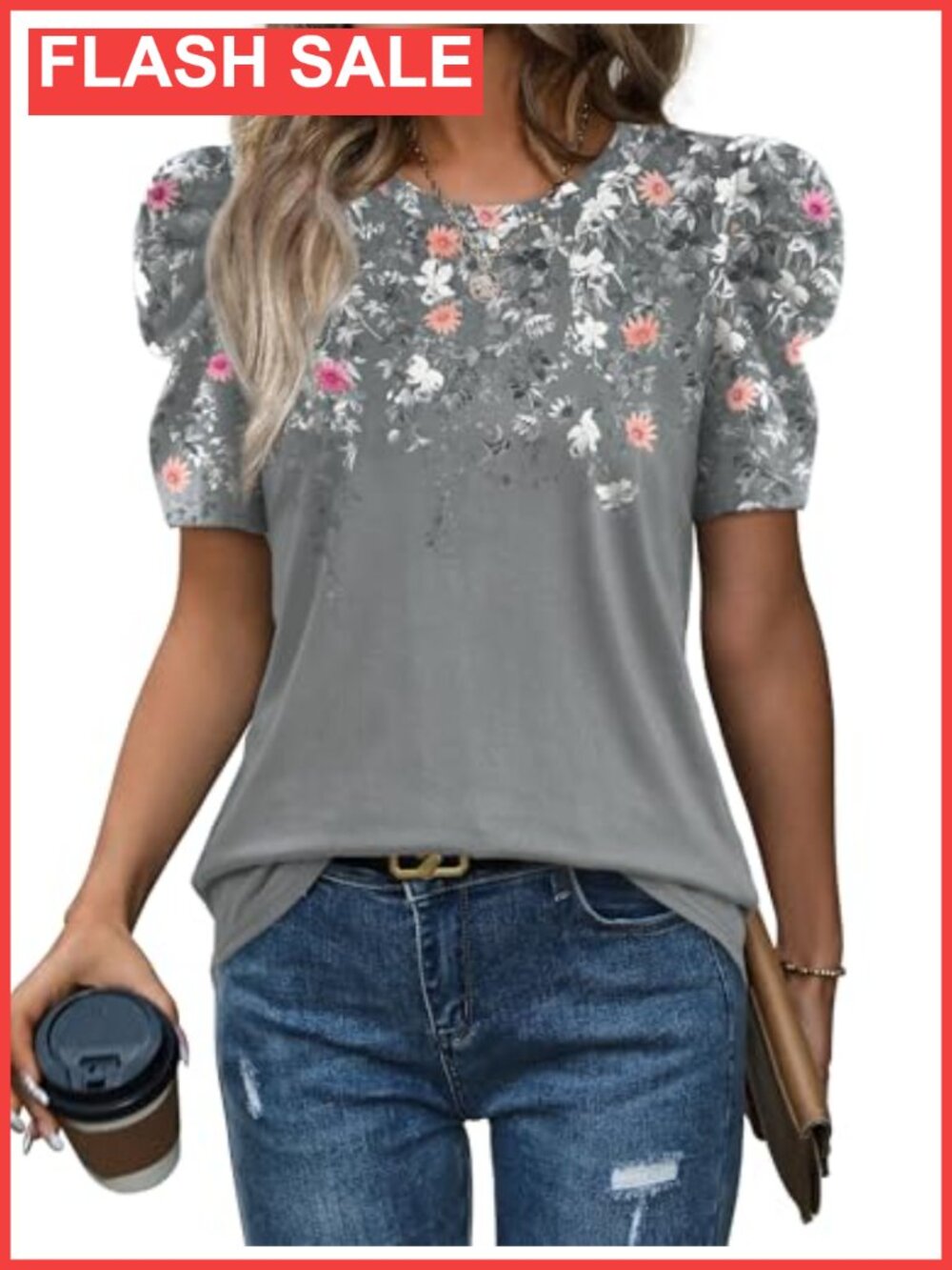 Womens Puff Sleeve Crewneck T Shirt Blouse Casual Summer Top